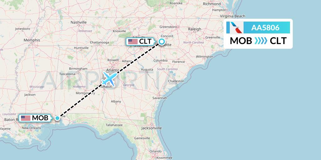 AA5806 American Airlines Flight Map: Mobile to Charlotte