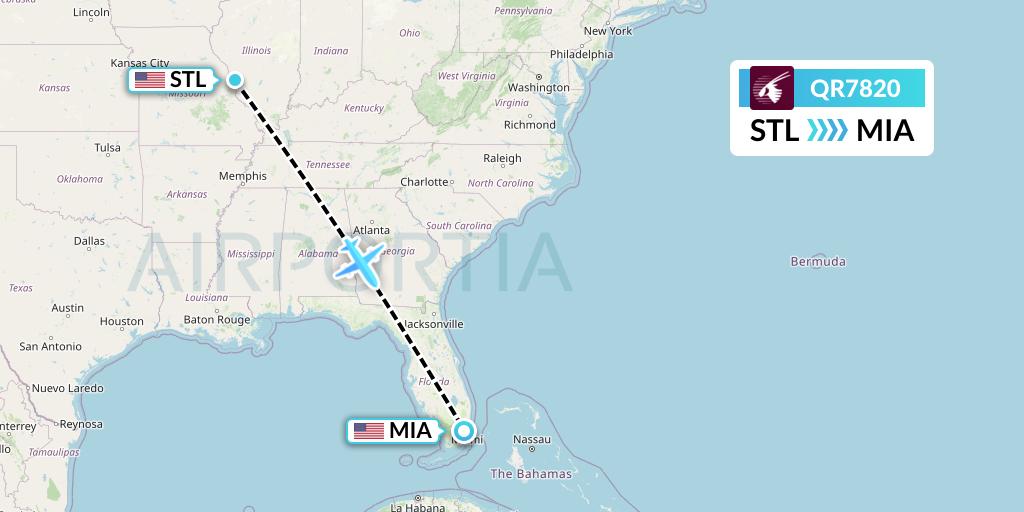 QR7820 Qatar Airways Flight Map: St. Louis to Miami