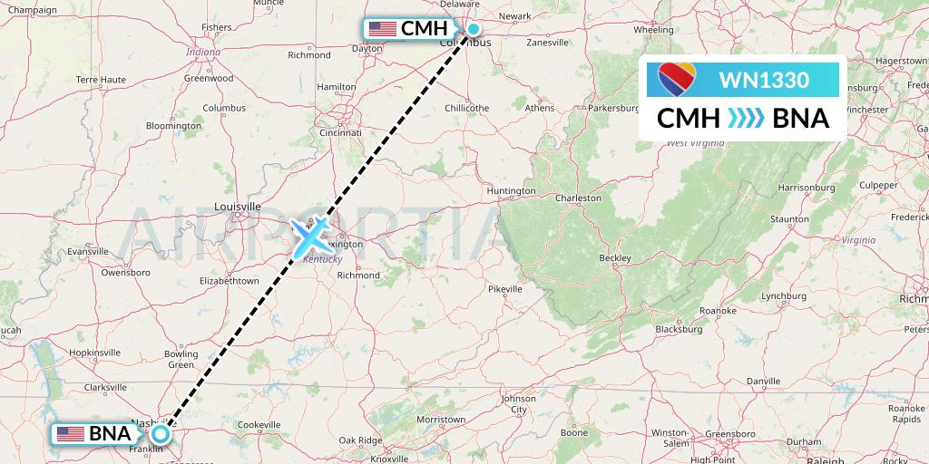 WN1330 Southwest Airlines Flight Map: Columbus to Nashville