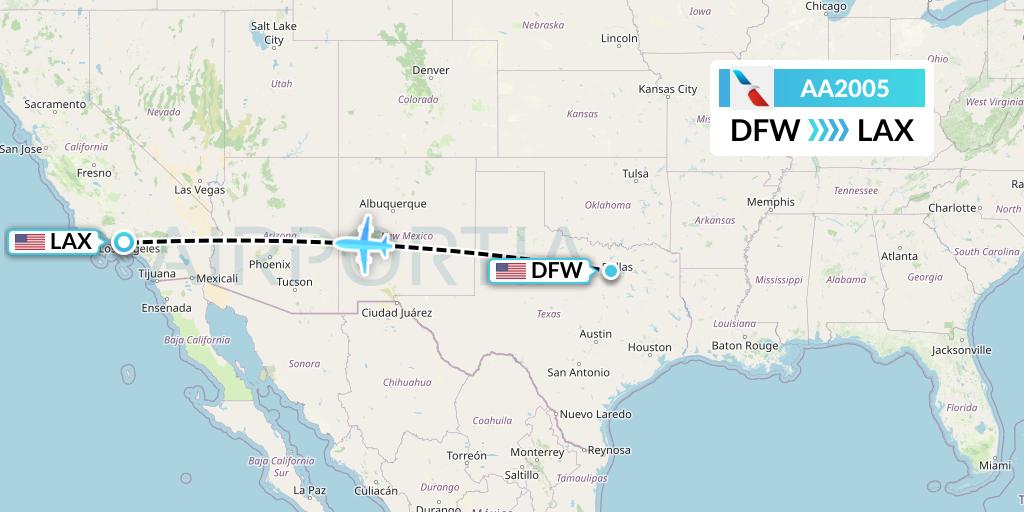 AA2005 American Airlines Flight Map: Dallas to Los Angeles