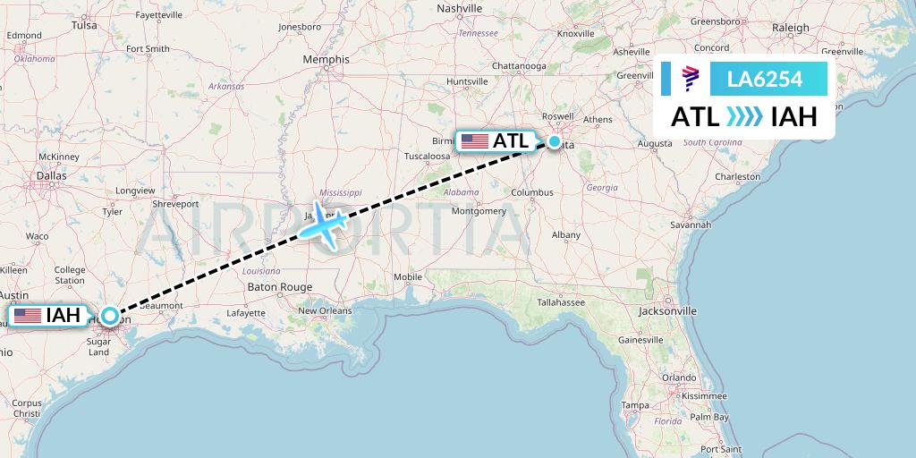 LA6254 LAN Airlines Flight Map: Atlanta to Houston