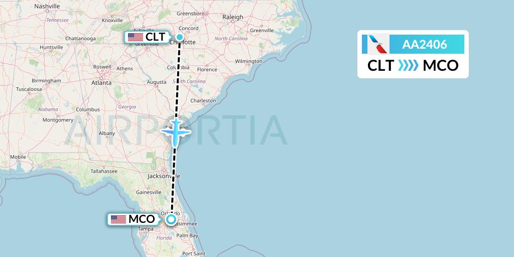 AA2406 American Airlines Flight Map: Charlotte to Orlando