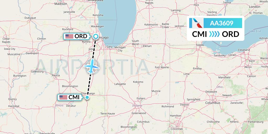 AA3609 American Airlines Flight Map: Champaign to Chicago