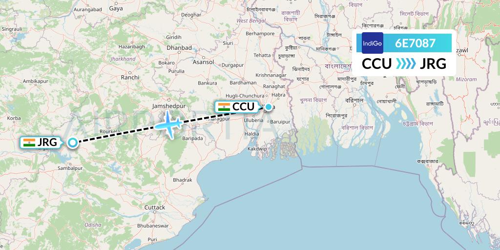 6E7087 IndiGo Airlines Flight Map: Kolkata to Ranchi