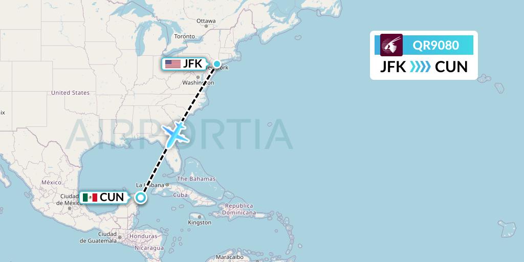 QR9080 Qatar Airways Flight Map: New York to Cancun