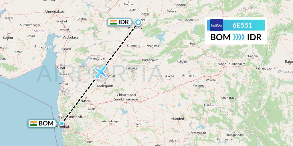 6E551 IndiGo Airlines Flight Map: Mumbai to Indore
