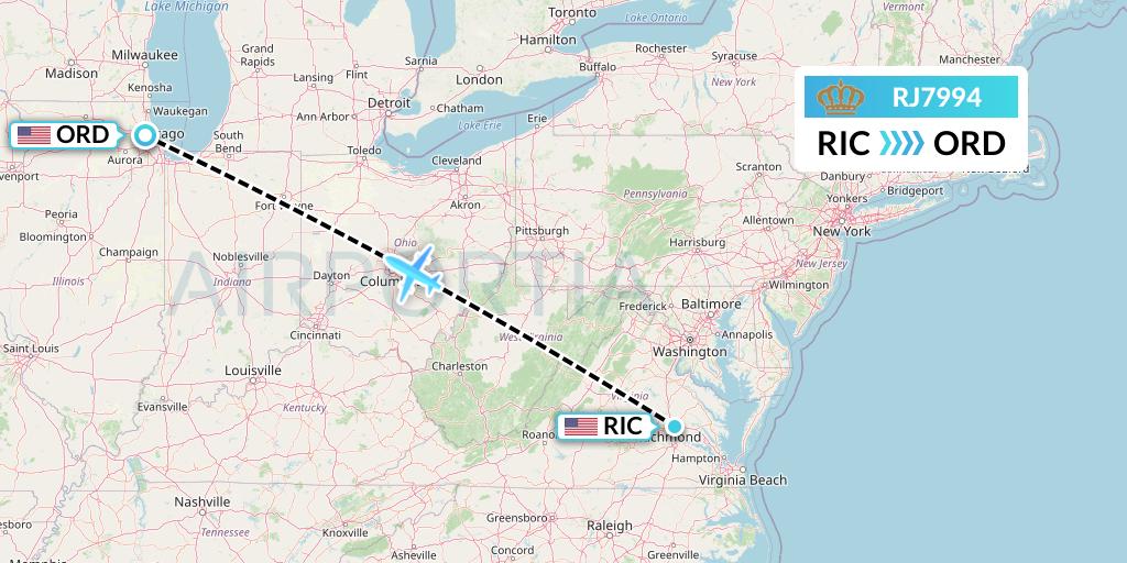 RJ7994 Royal Jordanian Flight Map: Richmond to Chicago