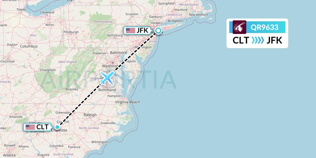 QR9633 Qatar Airways Flight Map: Charlotte to New York