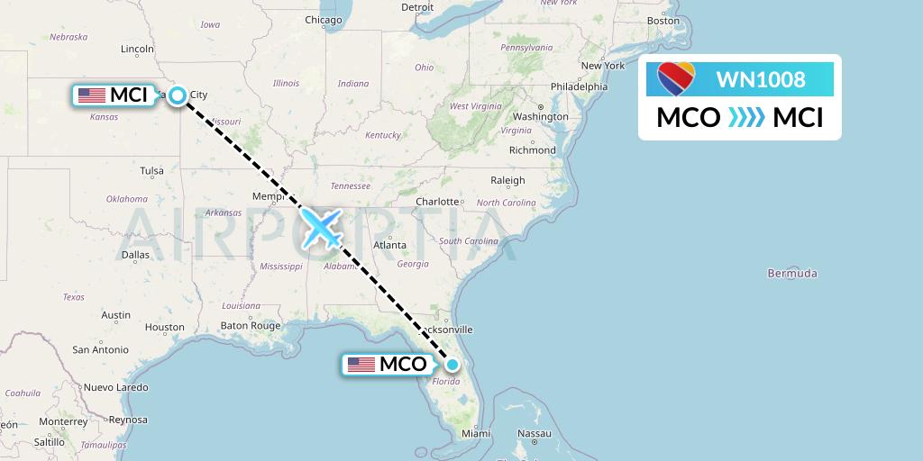 WN1008 Southwest Airlines Flight Map: Orlando to Kansas City