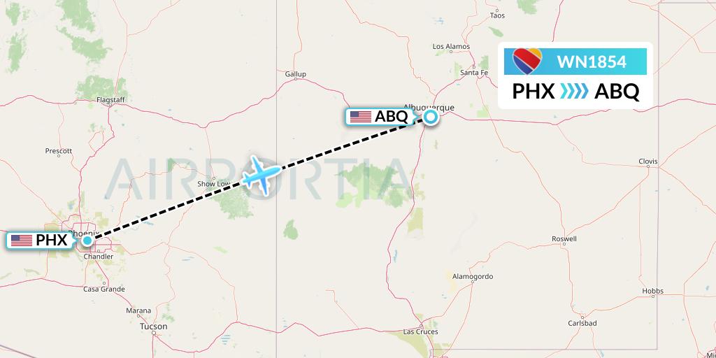 WN1854 Southwest Airlines Flight Map: Phoenix to Albuquerque