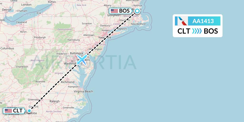 AA1413 American Airlines Flight Map: Charlotte to Boston