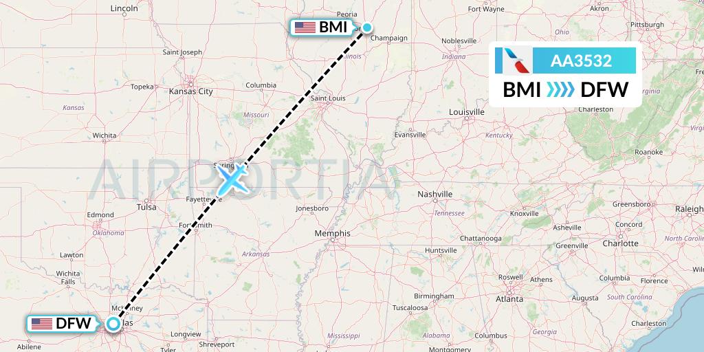 AA3532 American Airlines Flight Map: Bloomington to Dallas
