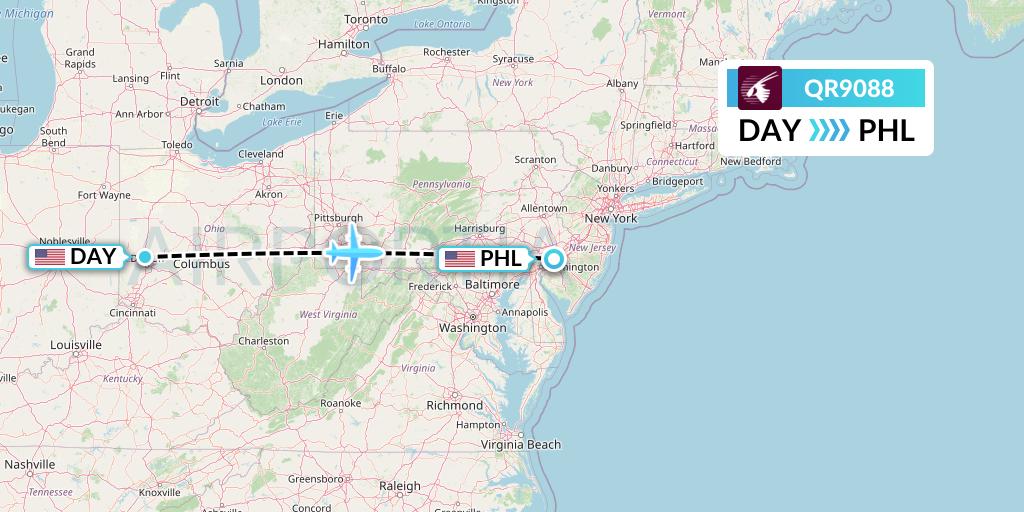 QR9088 Qatar Airways Flight Map: Dayton to Philadelphia