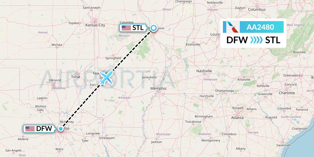 AA2480 American Airlines Flight Map: Dallas to St. Louis