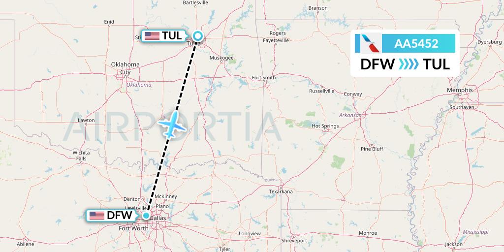 AA5452 American Airlines Flight Map: Dallas to Tulsa