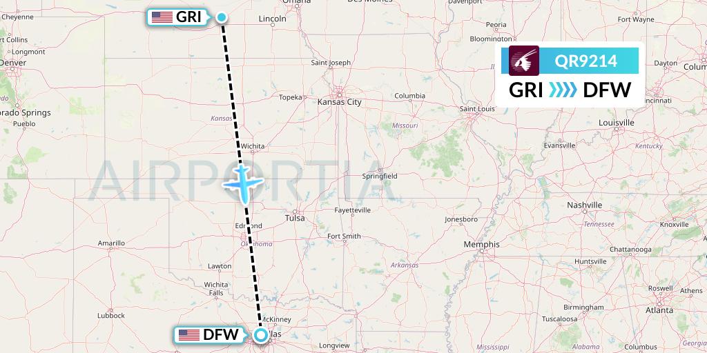 QR9214 Qatar Airways Flight Map: Grand Island to Dallas