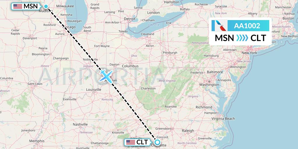 AA1002 American Airlines Flight Map: Madison to Charlotte