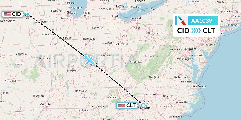 AA1039 American Airlines Flight Map: Cedar Rapids to Charlotte