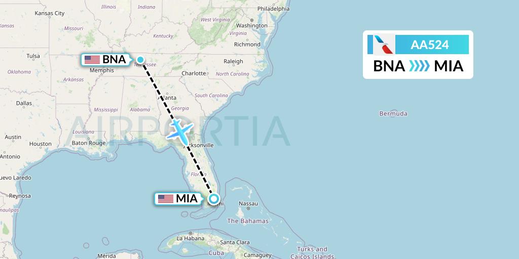 AA524 American Airlines Flight Map: Nashville to Miami