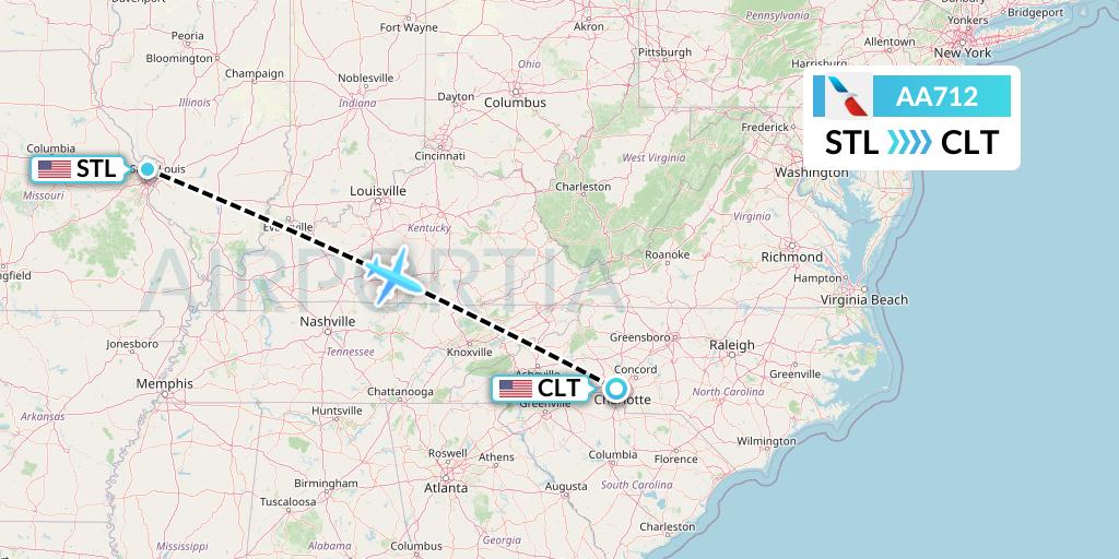 AA712 American Airlines Flight Map: St. Louis to Charlotte