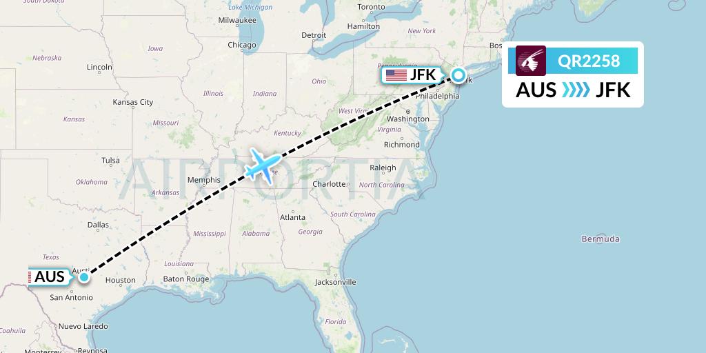 QR2258 Qatar Airways Flight Map: Austin to New York
