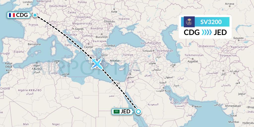 SV3200 Saudi Arabian Airlines Flight Map: Paris to Jeddah