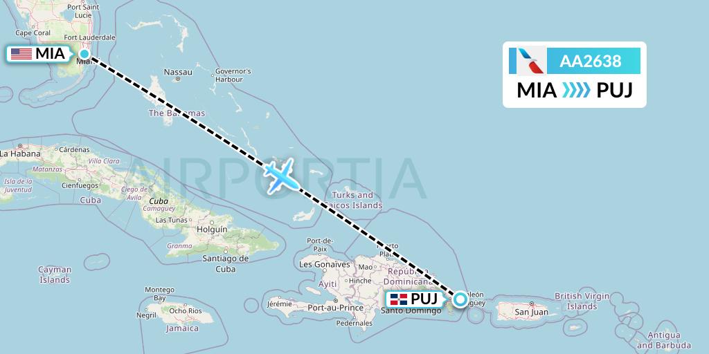 AA2638 American Airlines Flight Map: Miami to Punta Cana