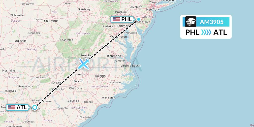 AM3905 Aeromexico Flight Map: Philadelphia to Atlanta