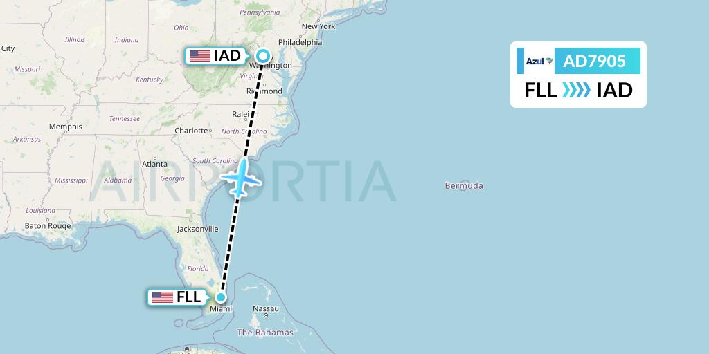 AD7905 Azul Brazilian Airlines Flight Map: Fort Lauderdale to Washington
