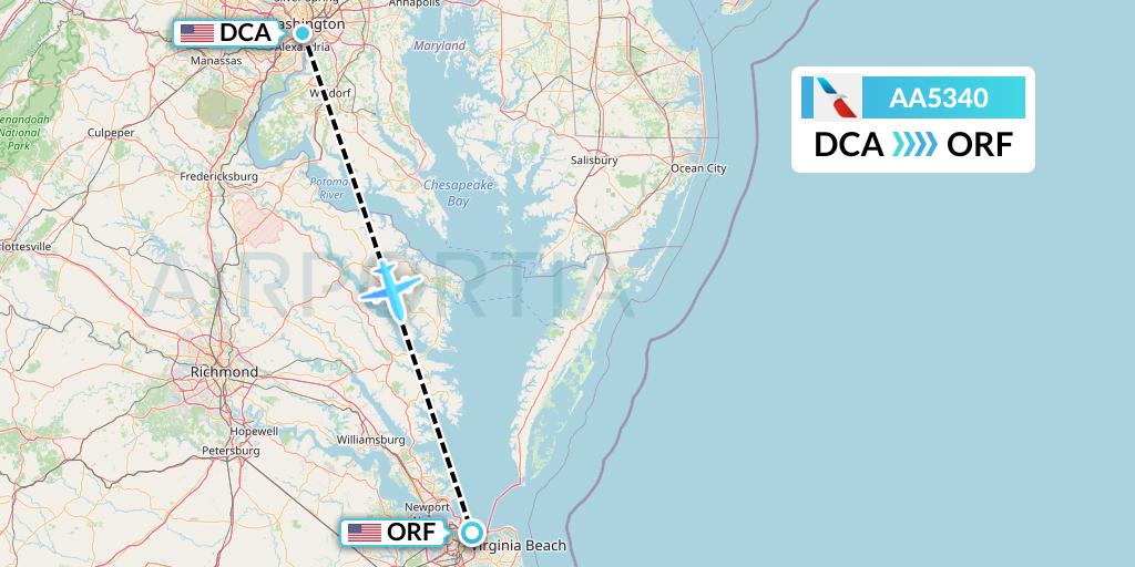 AA5340 American Airlines Flight Map: Washington to Norfolk