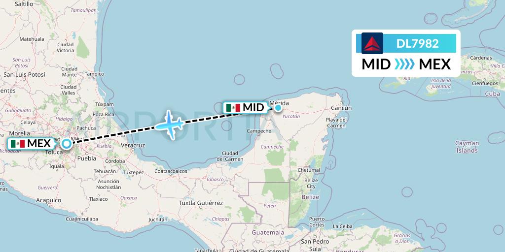 DL7982 Delta Air Lines Flight Map: Merida to Mexico City