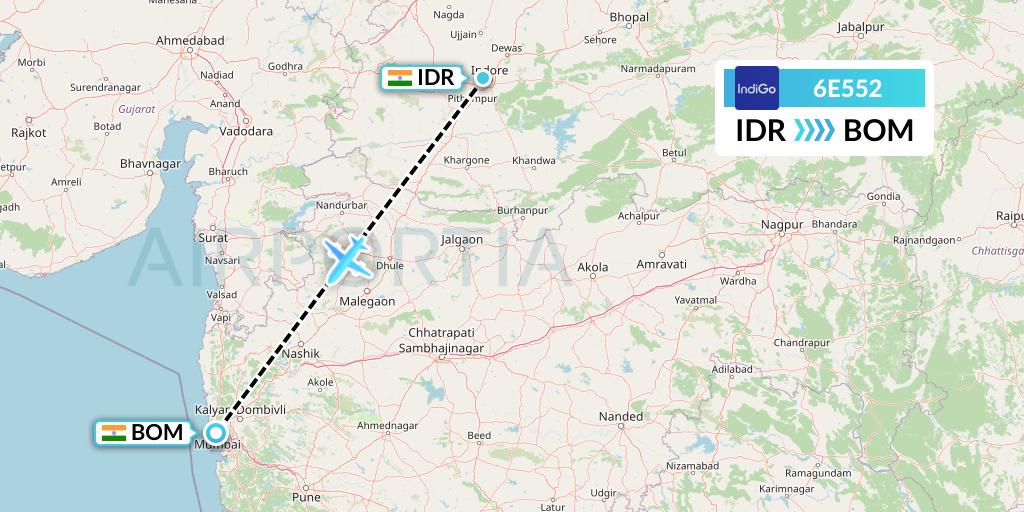 6E552 IndiGo Airlines Flight Map: Indore to Mumbai