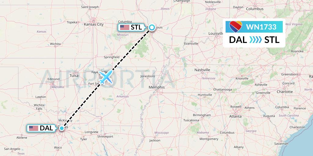 WN1733 Southwest Airlines Flight Map: Dallas to St. Louis