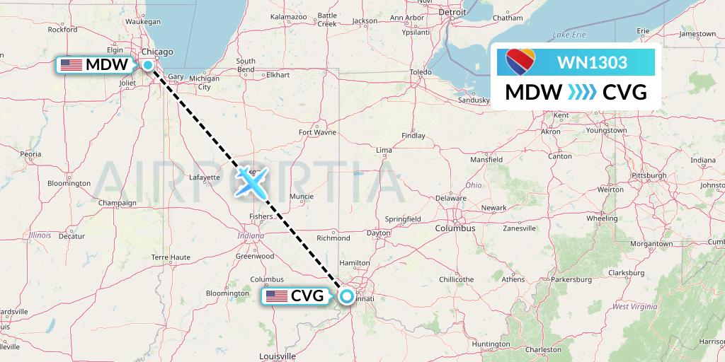 WN1303 Southwest Airlines Flight Map: Chicago to Cincinnati