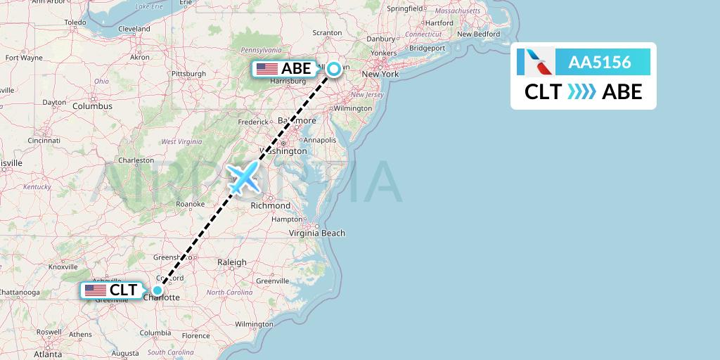 AA5156 American Airlines Flight Map: Charlotte to Allentown
