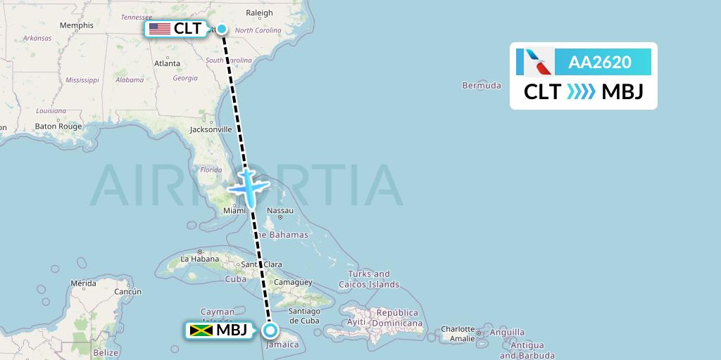 AA2620 American Airlines Flight Map: Charlotte to Montego Bay