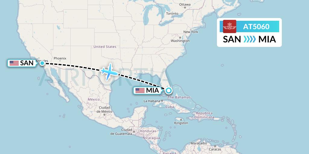 AT5060 Royal Air Maroc Flight Map: San Diego to Miami