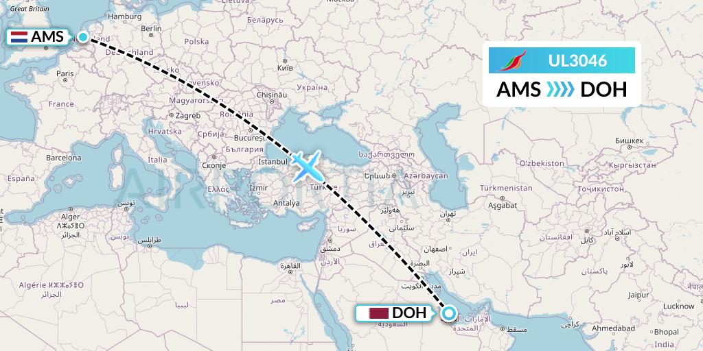 UL3046 SriLankan Airlines Flight Map: Amsterdam to Doha