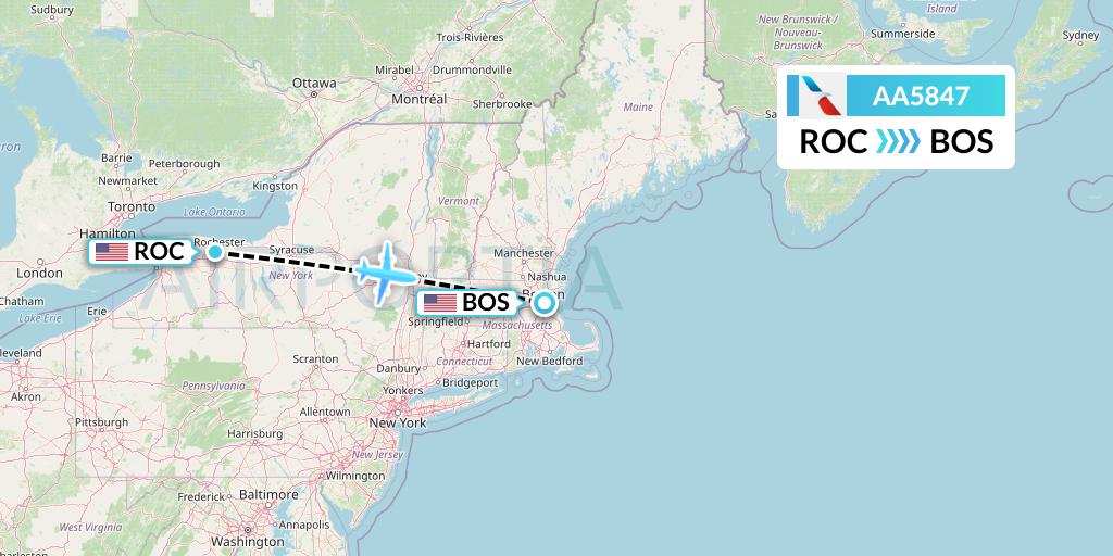 AA5847 American Airlines Flight Map: Rochester to Boston