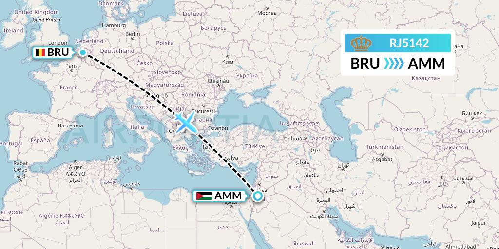 RJ5142 Royal Jordanian Flight Map: Brussels to Amman