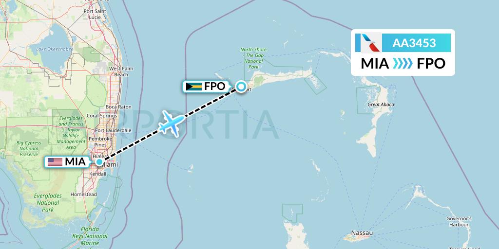 AA3453 American Airlines Flight Map: Miami to Freeport