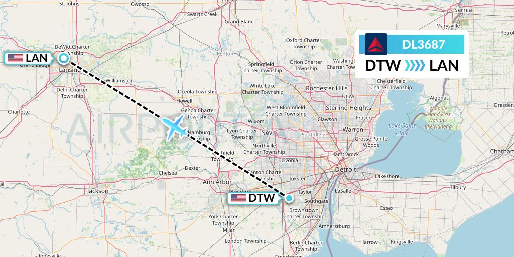 DL3687 Delta Air Lines Flight Map: Detroit to Lansing