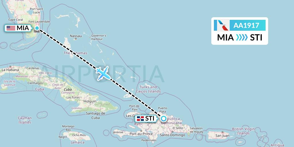 AA1917 American Airlines Flight Map: Miami to Santiago de los Caballeros