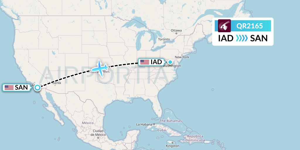 QR2165 Qatar Airways Flight Map: Washington to San Diego