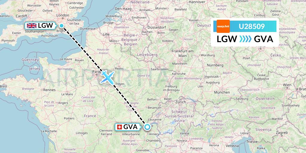 U28509 EasyJet Flight Map: London to Geneva