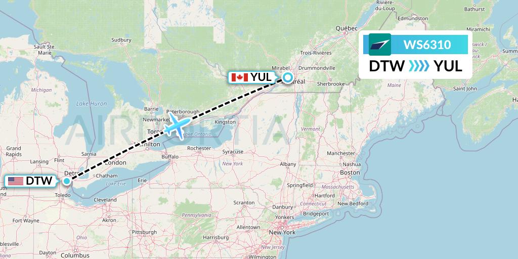 WS6310 WestJet Flight Map: Detroit to Montreal