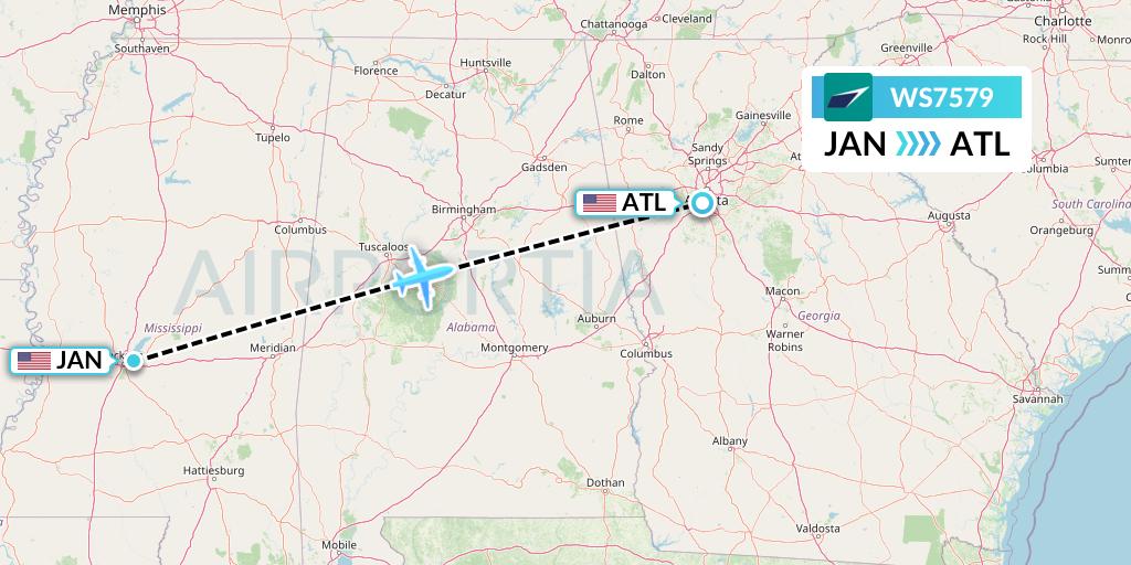 WS7579 WestJet Flight Map: Jackson to Atlanta