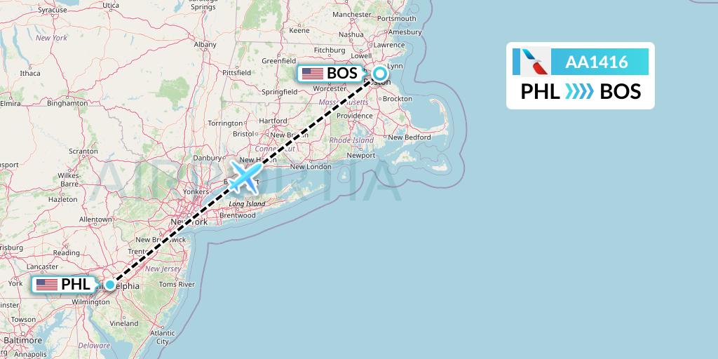 AA1416 American Airlines Flight Map: Philadelphia to Boston