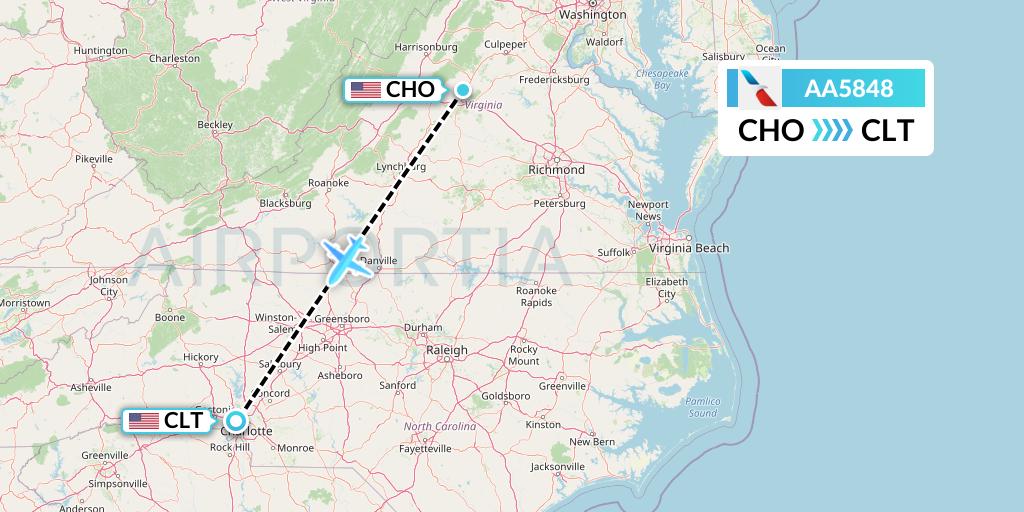 AA5848 American Airlines Flight Map: Charlottesville to Charlotte