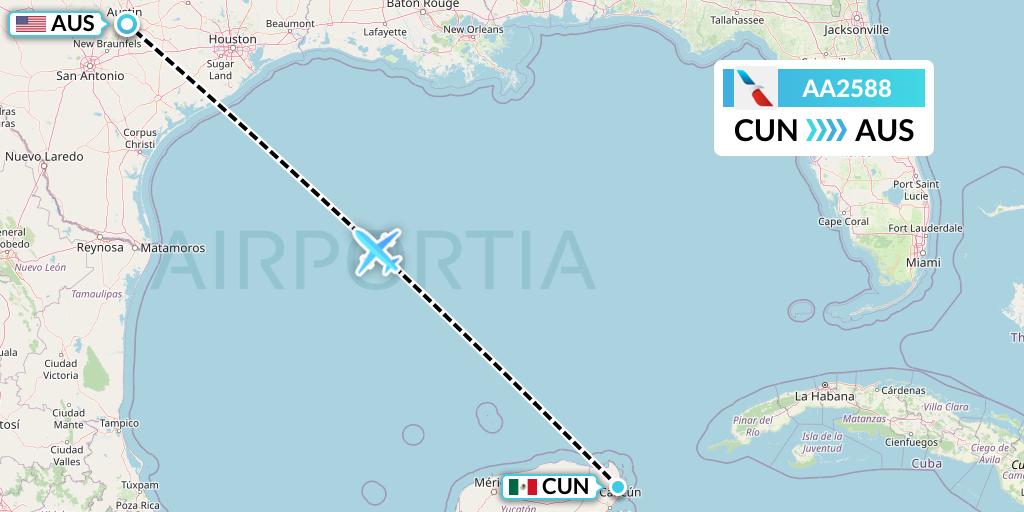 AA2588 American Airlines Flight Map: Cancun to Austin